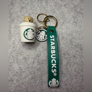 Starbucks Green and White Keychain with Bear and Cup